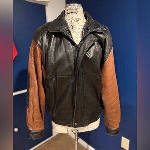Creations de Cuir Andre Black and Brown Leather Bomber Jacket